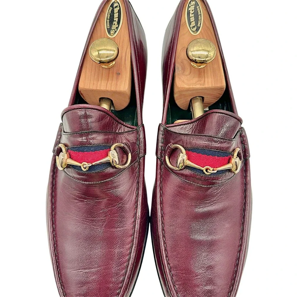 NOS Vintage GUCCI Leather 1953 Horsebit Web Striped Men's Loafers EU48